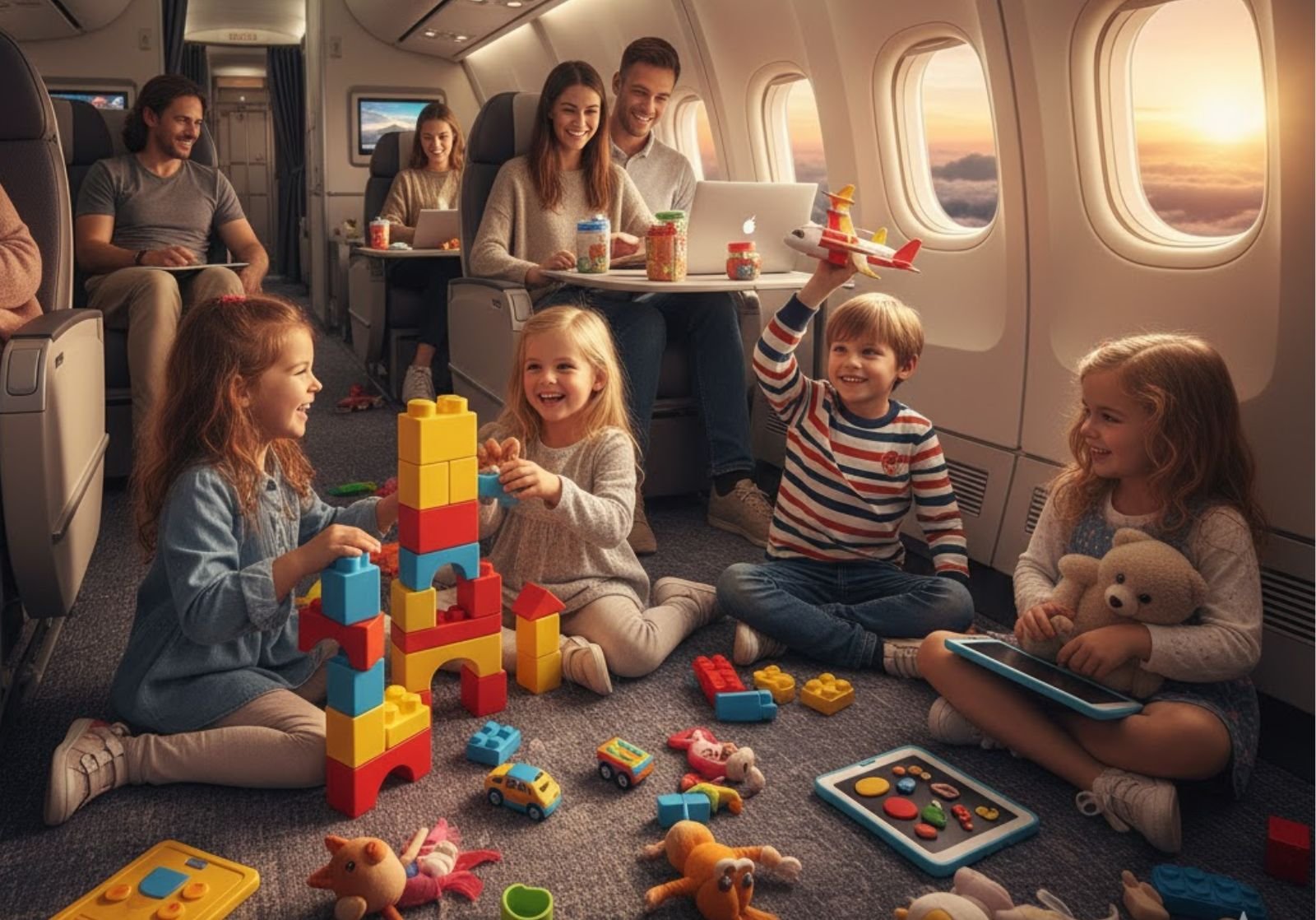 Parents traveling by airplane with children playing quietly with travel-friendly toys, TSA-approved toys for flights